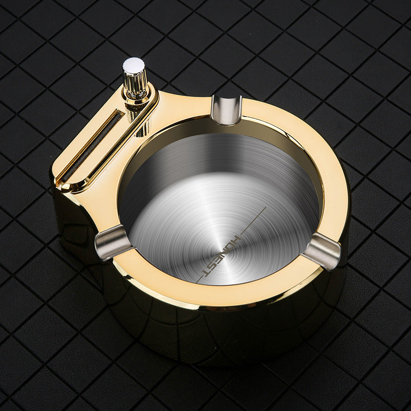 Metal Ashtray with Built-In Permanent Match Lighter – 10,000 Strike Reusable Flint