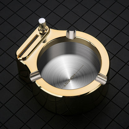 Metal Ashtray with Built-In Permanent Match Lighter – 10,000 Strike Reusable Flint