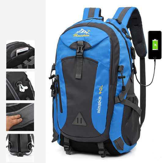 A blue and black nylon backpack displayed with multiple views, showing the front, side, and top, with adjustable straps and a USB charging port.