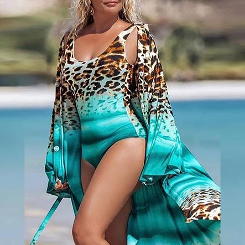 Women's Leopard Print Bikini & Blouse Set | 3-Piece Beach Swimwear