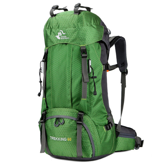 A green hiking backpack with black straps and additional external pockets, marked with the text 'TREKKING 60'.