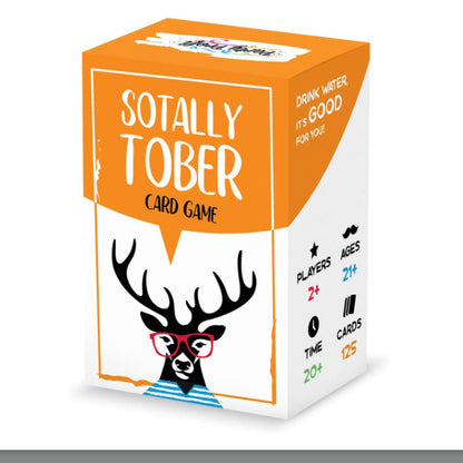 The image displays a board game card box titled "Sotally Tober" in a colorfully designed packaging featuring a cartoon deer with sunglasses.