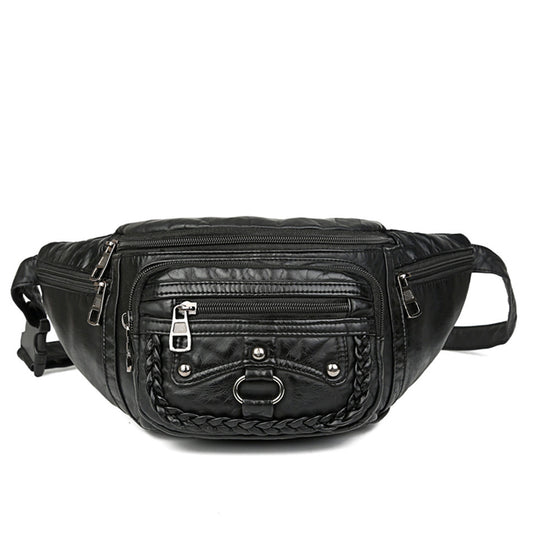 Black faux leather waist bag with multiple compartments and a soft handle.