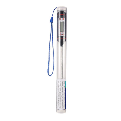 A digital cooking thermometer with a blue strap, black body, and digital display.