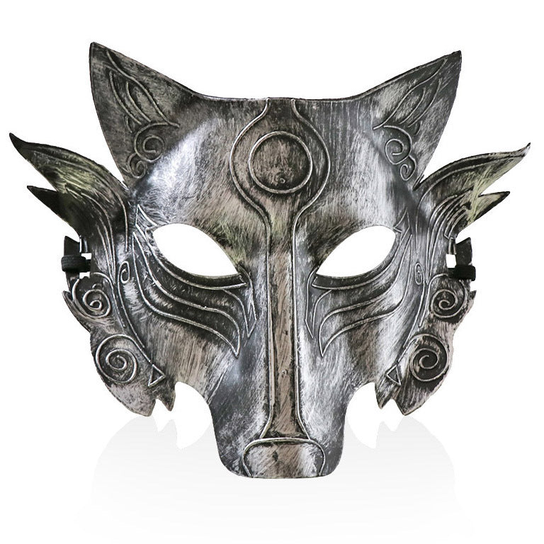 A gray plastic mask designed for adult wear, featuring intricate patterns and shapes, intended for use in costume parties or masquerade events.