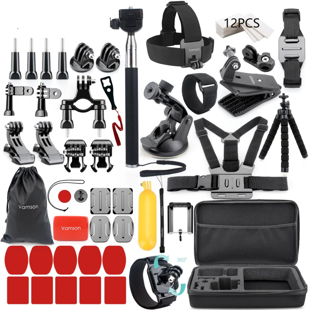 A set of various action camera accessories including mounts, straps, batteries, and a carrying case.