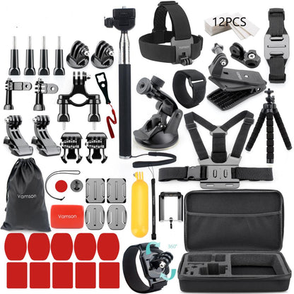 A set of various action camera accessories including mounts, straps, batteries, and a carrying case.