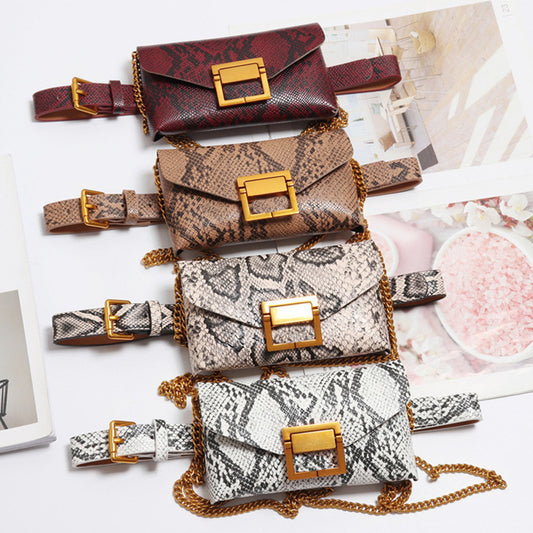 A collection of waist chain bags in snake print with gold chain straps, available in multiple colors.