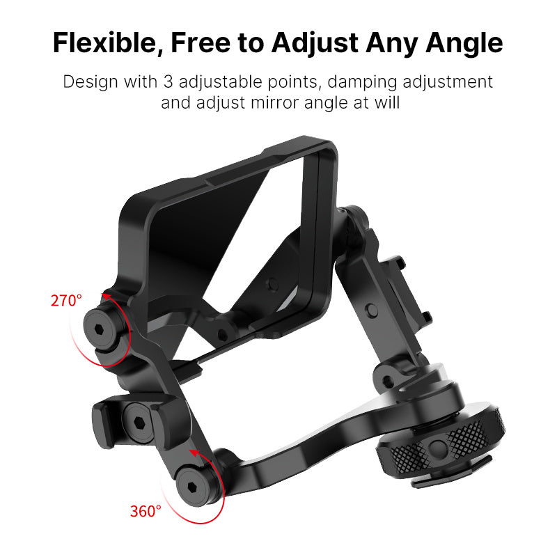 Black adjustable mirror stand with 360° and 270° angles on a white background.