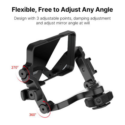 Black adjustable mirror stand with 360° and 270° angles on a white background.