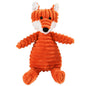 A collection of plush animal toys including a pink pig, brown monkey, white rabbit, orange fox, and a gray sheep, all made from soft corduroy fabric.