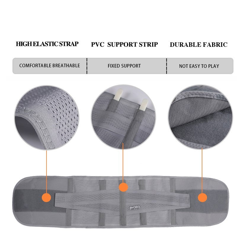 Gray support belt with high elastic strap, PVC support strip, and durable fabric features.