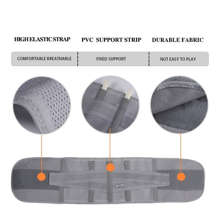 Gray support belt with high elastic strap, PVC support strip, and durable fabric features.