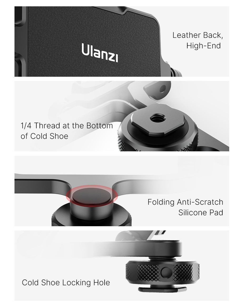 High-end camera accessory with leather back, cold shoe details, and anti-scratch silicone pad.