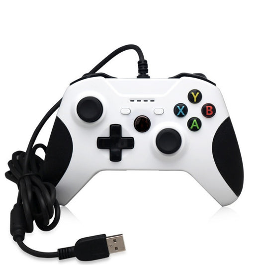 A white USB wired game controller designed for use with Xbox One and Windows PCs, featuring a long power cable, directional pad, action buttons, and analog sticks.