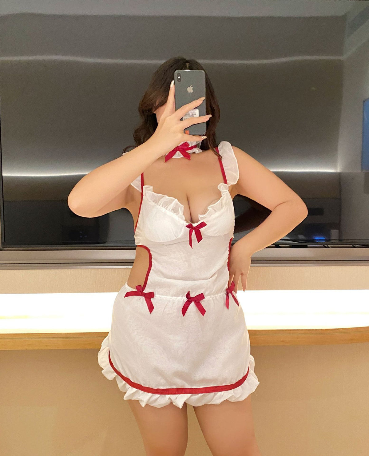 Maid Apron Lingerie Set – Hollow-Out Chiffon Uniform with Collar, Skirt & Thong