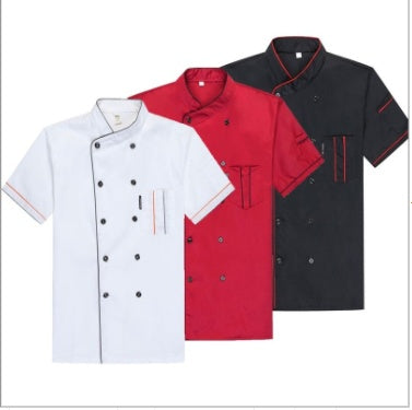 Three short-sleeved chef jackets in white, red, and black, displayed side by side.