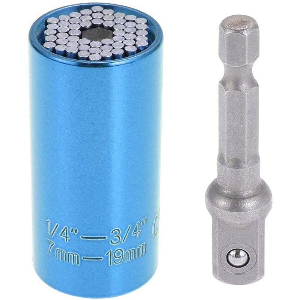 Blue socket tool and silver extension bar on a white background