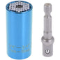 Blue socket tool and silver extension bar on a white background