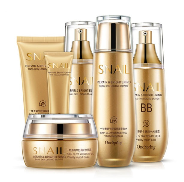 A set of six skincare products in golden and white packaging, labeled for different skin care purposes such as cleanser, cream, toner, lotion, eye cream, and BB cream.