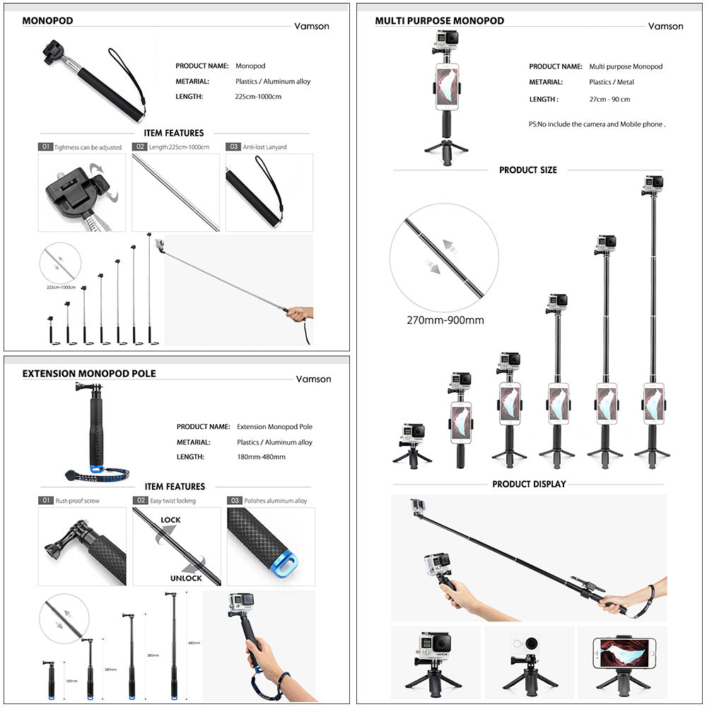 Product details and features of monopods and extension monopod pole on a white background.