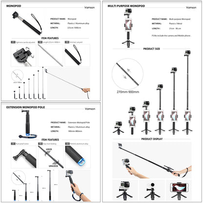 Product details and features of monopods and extension monopod pole on a white background.