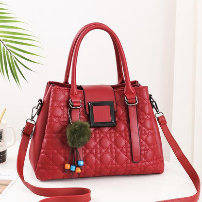 Women's Quilted Satchel Crossbody Bag – Vegan-Friendly Imitation Leather Handbag with Pom-Pom Charm