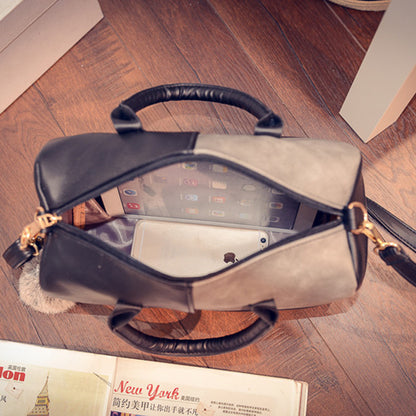 Women's PU Leather Boston Bag – Contrast Stitch Pillow Handbag Shoulder Purse