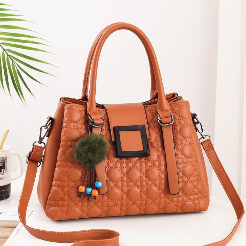 Women's Quilted Satchel Crossbody Bag – Vegan-Friendly Imitation Leather Handbag with Pom-Pom Charm