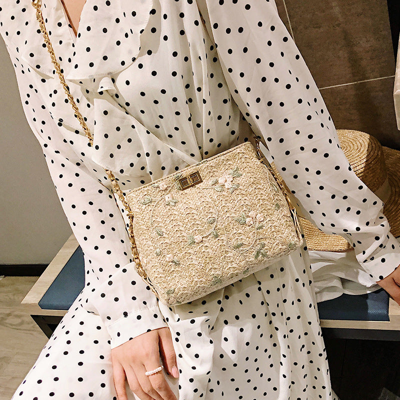 Women's Bohemian Embroidered Shoulder Bag – Lace & Straw Woven Square Purse