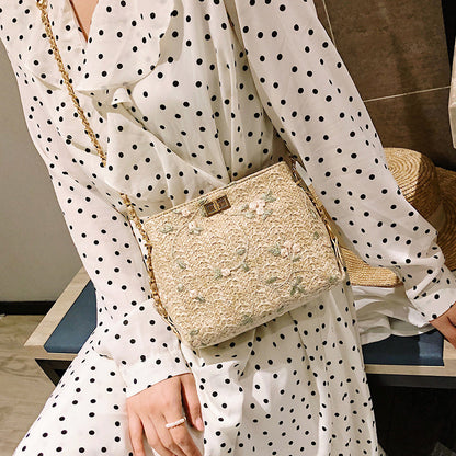 Women's Bohemian Embroidered Shoulder Bag – Lace & Straw Woven Square Purse