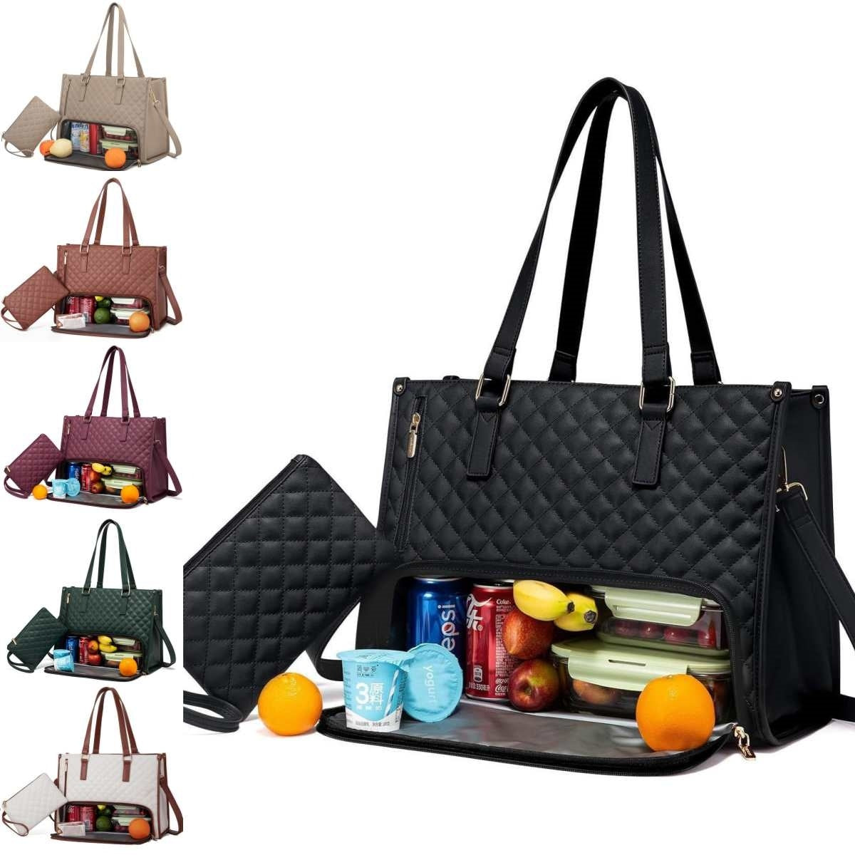 A collage of images displaying a black quilted lunch tote bag with multiple compartments, presented in various colors including beige and green, and shown with food items and a wallet for scale.