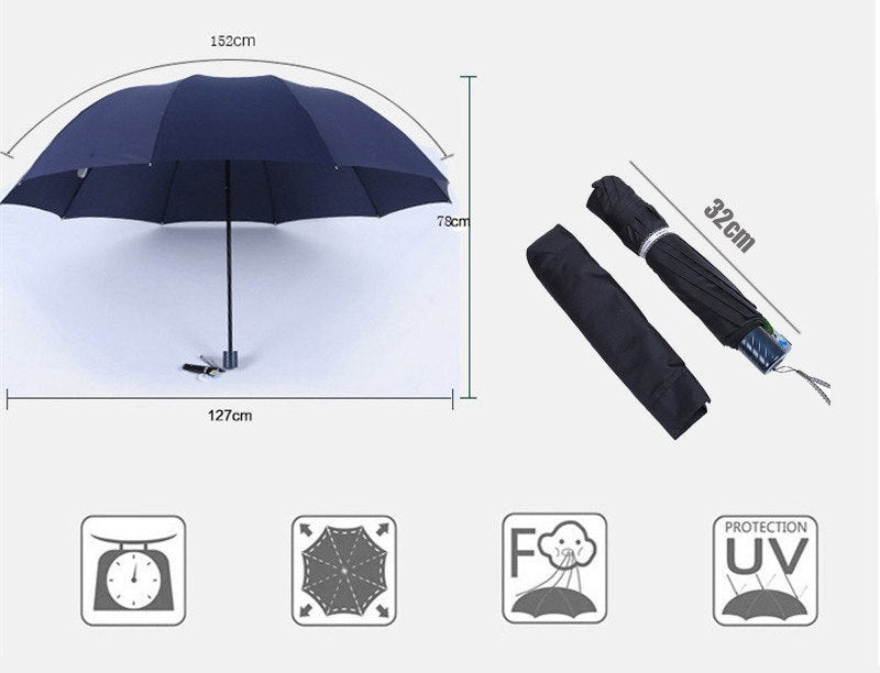 Large 3-Fold Windproof Umbrella – Super Strong 10-Rib Compact Travel Umbrella for Adults