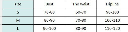 Table showing bust, waist, and hipline measurements for sizes S, M, and L.