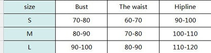 Table showing bust, waist, and hipline measurements for sizes S, M, and L.