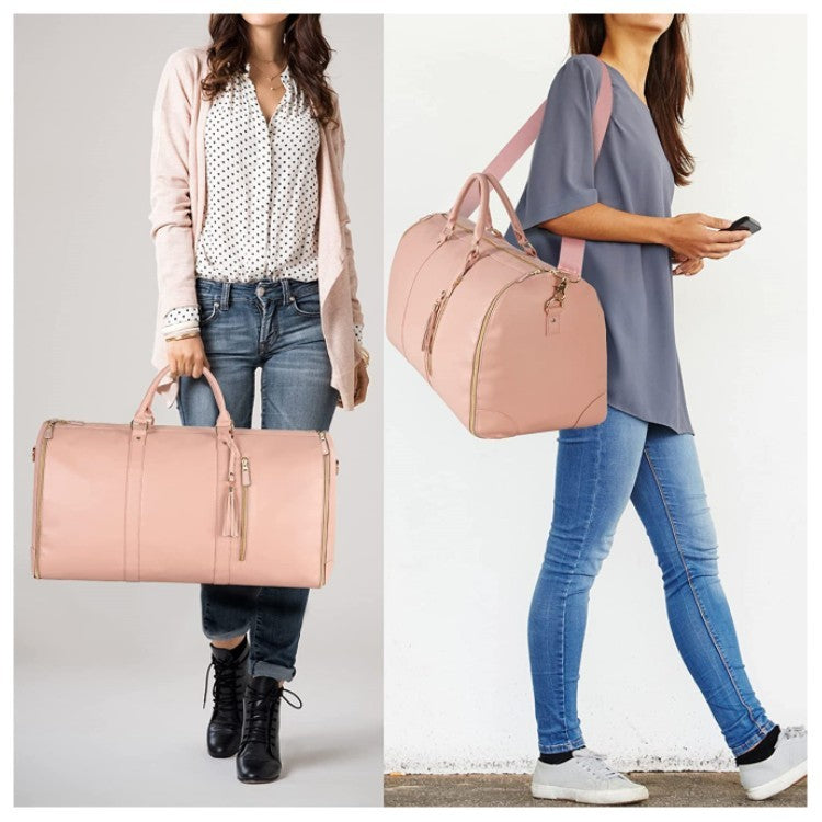 Two people holding pink duffel bags against a plain background