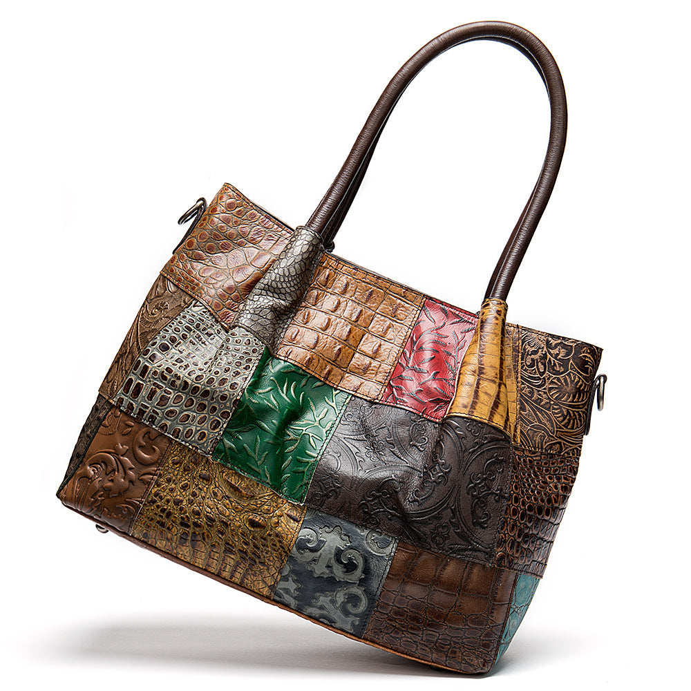 Women's Genuine Leather Patchwork Tote Bag – Colorful Embossed Shoulder Handbag