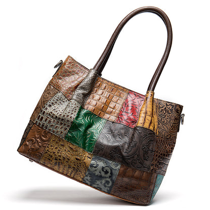 Women's Genuine Leather Patchwork Tote Bag – Colorful Embossed Shoulder Handbag