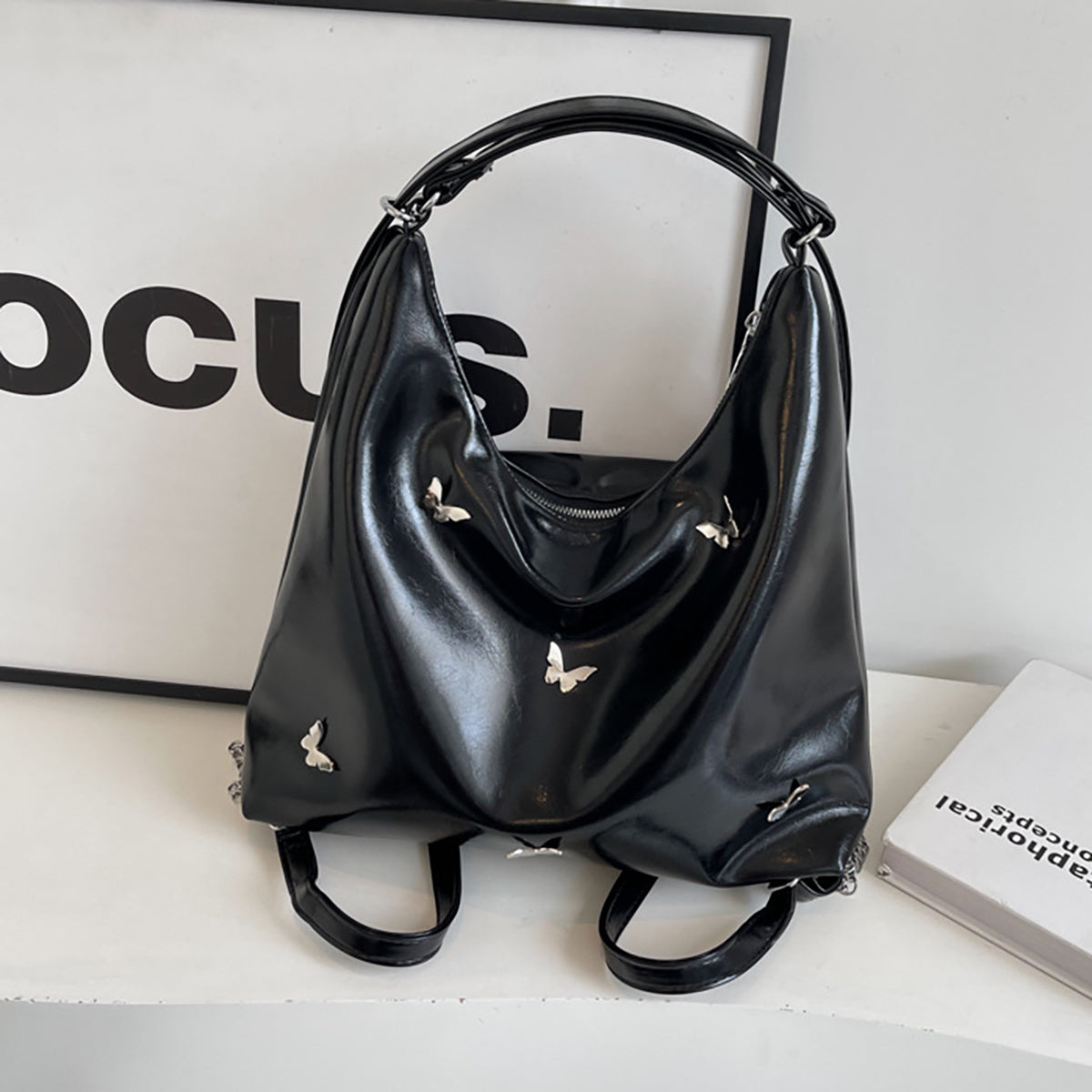 Women's Small Butterfly Hobo Bag – Vegan-Friendly Imitation Leather Shoulder Purse with Chain & Cloud Charm