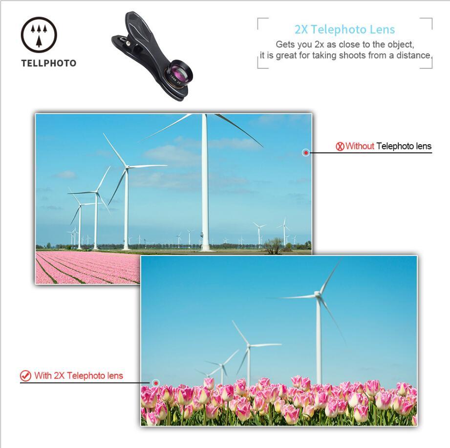 Telephoto lens with comparison of wind turbines and pink tulips.