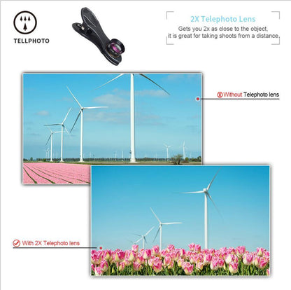 Telephoto lens with comparison of wind turbines and pink tulips.
