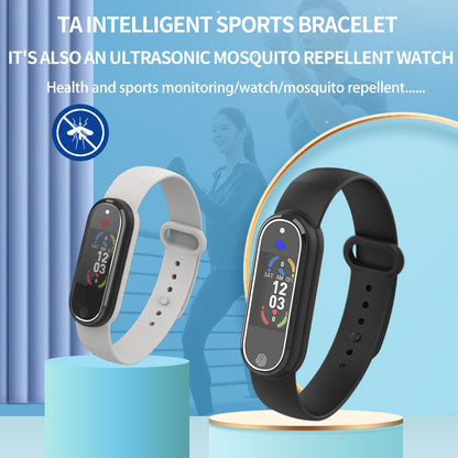 Two bracelets designed for mosquito repellent, one in white and one in black, displayed in a promotional setting with features highlighted, such as health and sports monitoring, and mosquito repellent functionality.