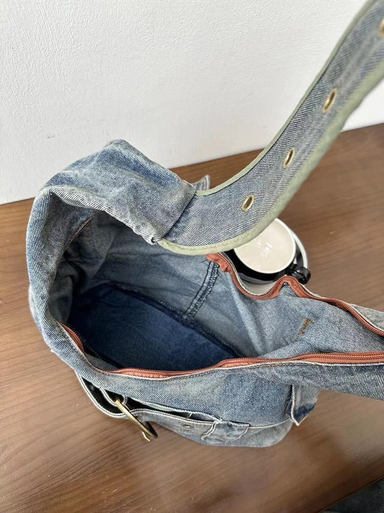 Women's Vintage Washed Denim Shoulder Bag – Large Retro Tote Purse