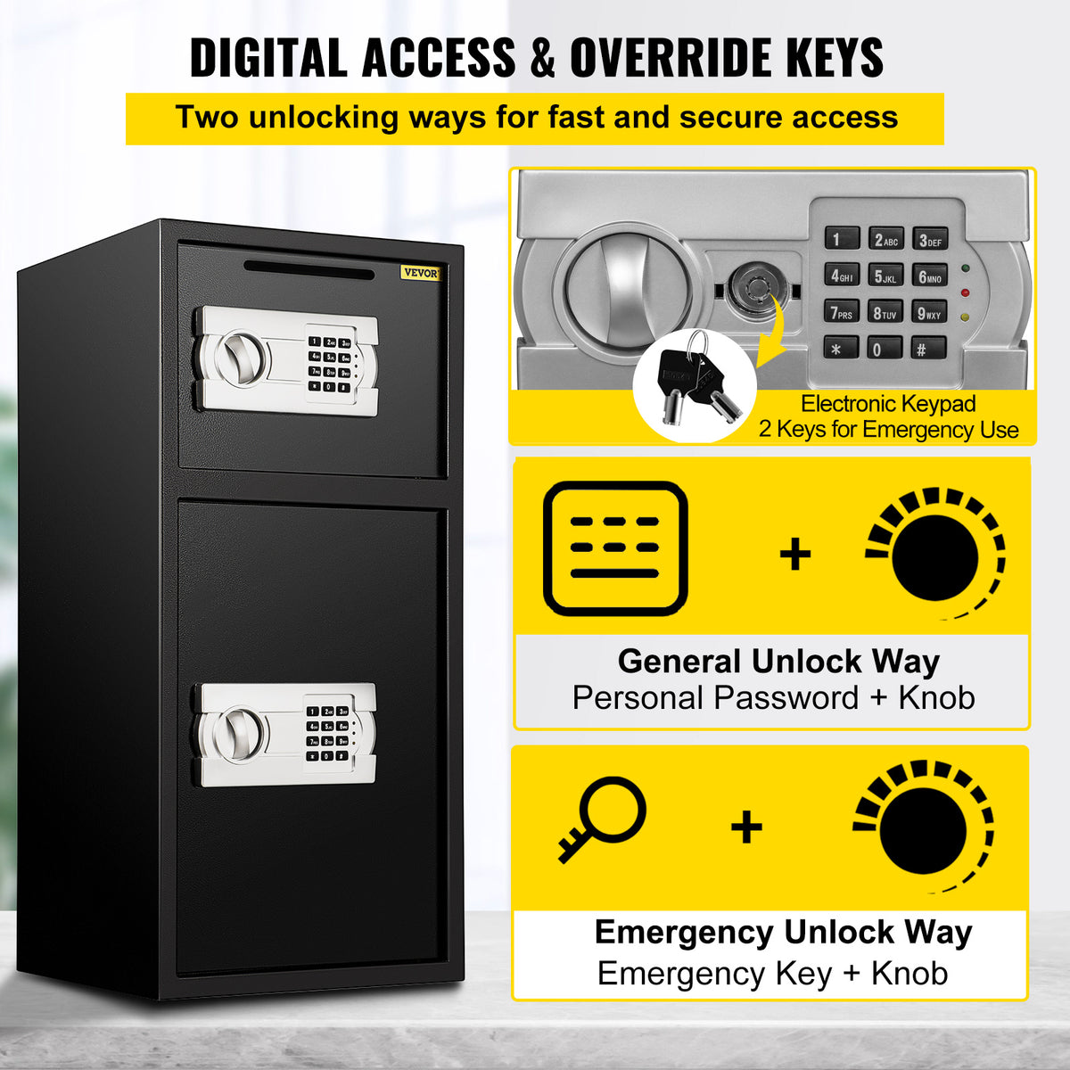 Black safe with digital keypad and emergency lock options on a yellow background.