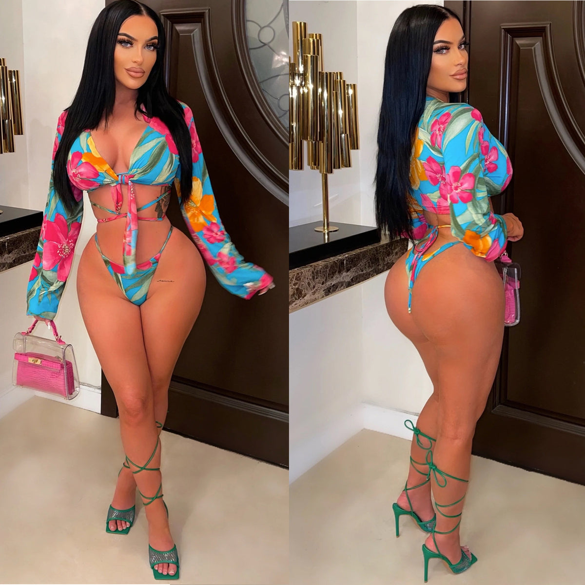 Women's Print Lace-Up Three-Piece Bikini Set | Long Sleeve Cover-Up