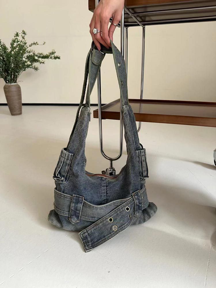 Women's Vintage Washed Denim Shoulder Bag – Large Retro Tote Purse