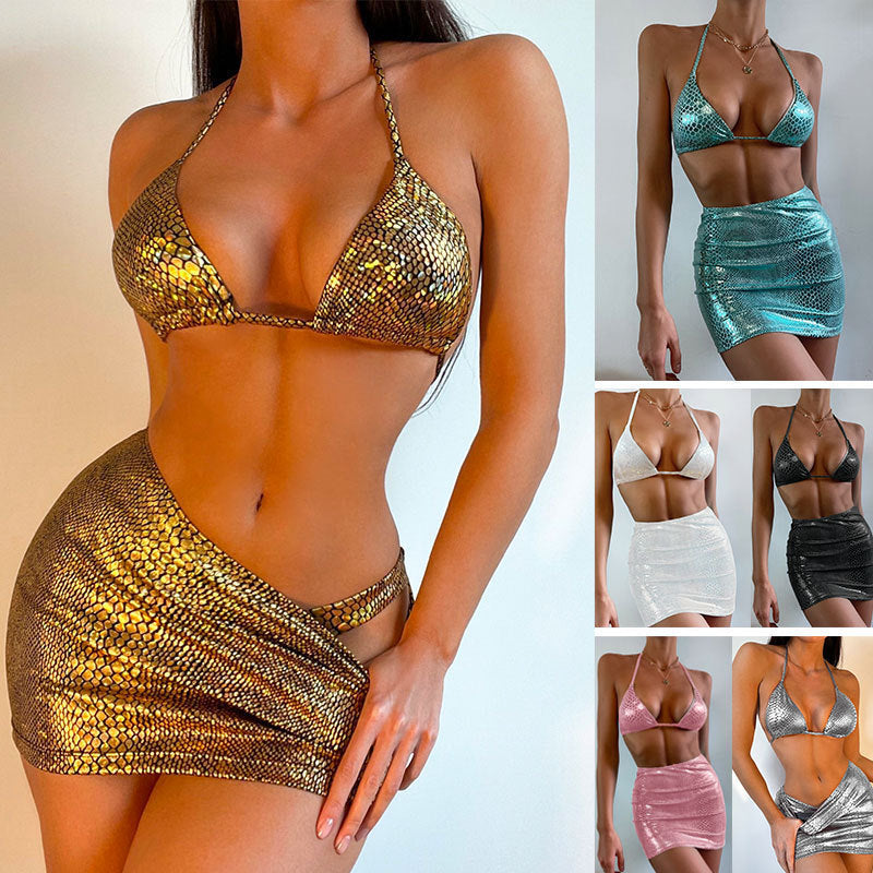 Women's 3-Piece Halter Bikini Set with Cover-Up Skirt | 8 Colors, S–L