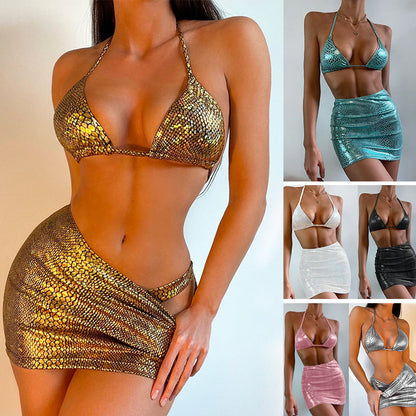 Women's 3-Piece Halter Bikini Set with Cover-Up Skirt | 8 Colors, S–L