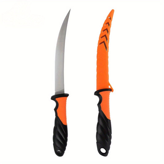 A fisherman's knife with an orange handle and black grip next to its blade.