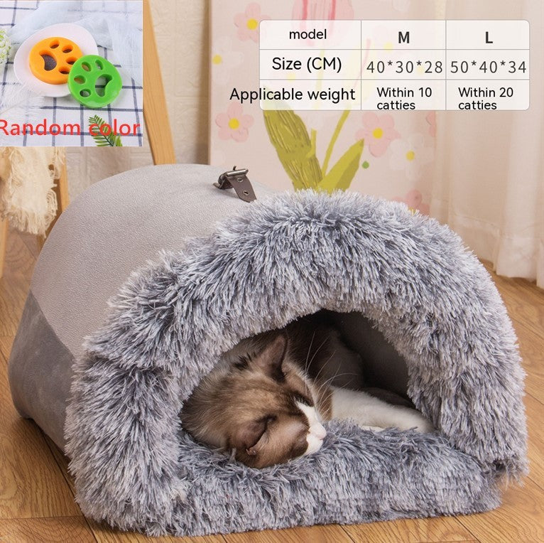 Plush Pet Nest Bed — Semi-Enclosed, 6 Styles, M & L